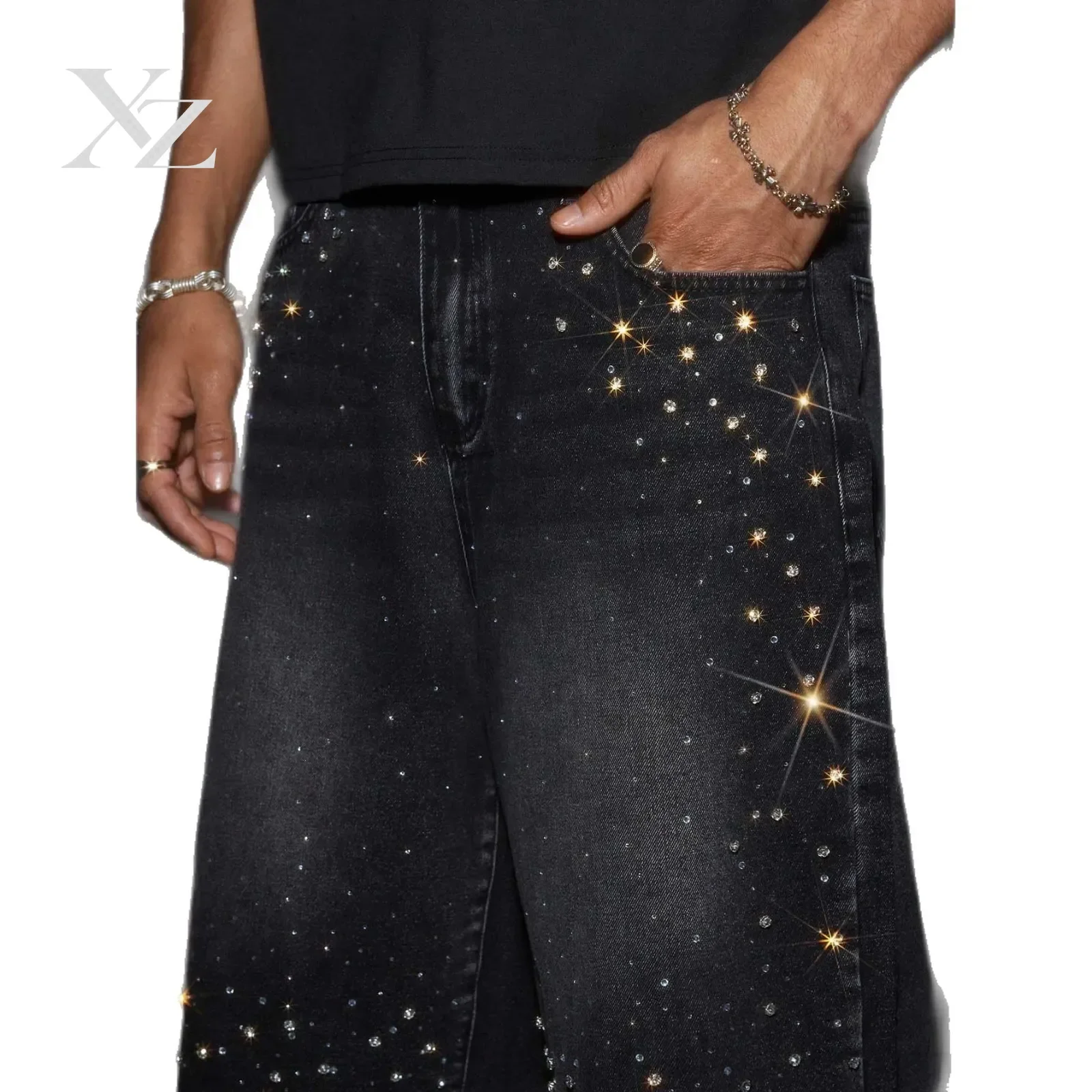 Men's Black Washed Rhinestone Denim Shorts Baggy Raw Hem Jean Summer Casual Streetwear Y2K No Stretch Pants