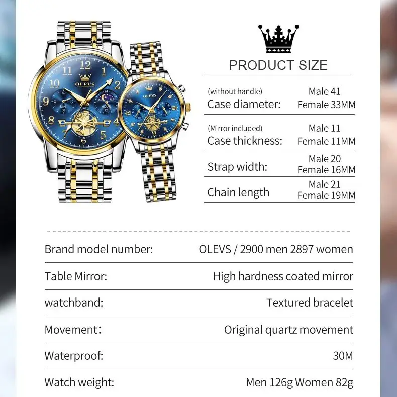 OLEVS Luxury Brand Moon Phase Couple Watches Stainless Steel Multifunctional Quartz Watch Original Men\'s and Women\'s Watches NEW