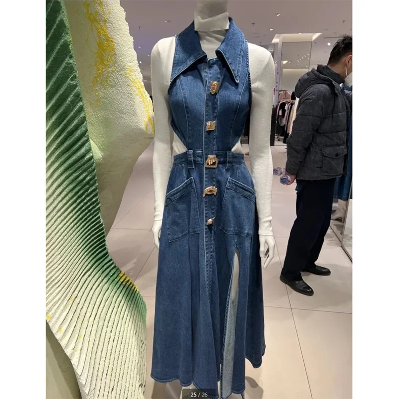 New Summer Backless Modified Jeans Dresses Women\'s Double Slit Dress Stand Collar Metal Button Slim Waist High-End Denim Dress