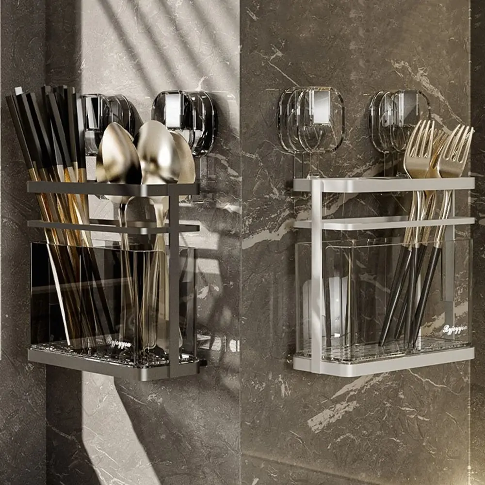

Iron Suction Cup Chopstick Holder Drainable Large Capacity Chopsticks Spoon Organizer Wall Mounted Chopstick Cage for Kitchen
