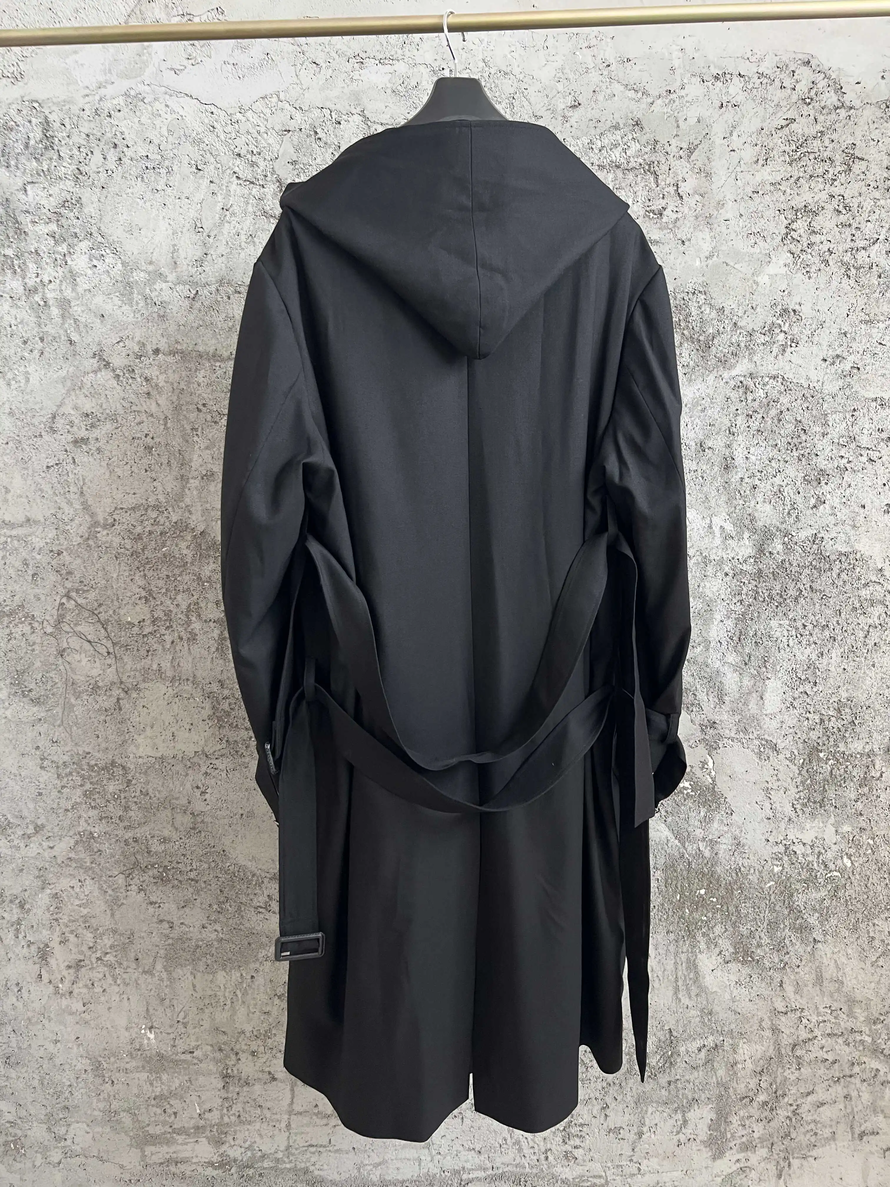 معطف متوسط الطول برباط بغطاء للرأس من TOP-YAMAMOTO، تصميم أصلي أسود، معطف كاجوال بخط رئيسي للرجال #3