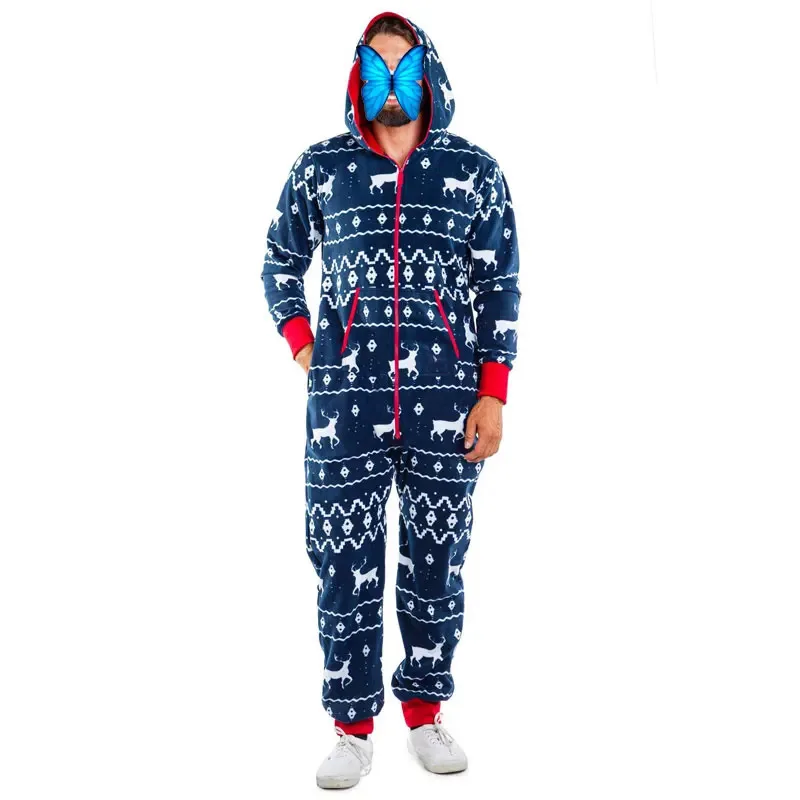 

Winter Man's Hooded Onesies Christmas Home Pajamas One Piece Adult Romper Men Nightwear Jumpsuit Sleepwear