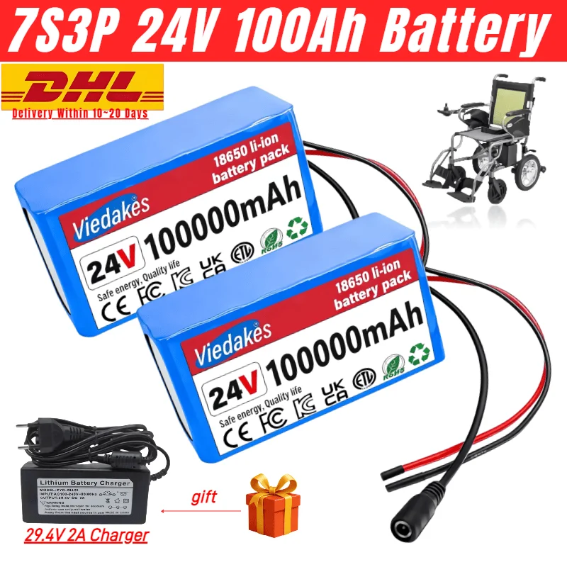 🌍High capacity 24V 100Ah Lithium Battery for Wheelchairs🏅 7S3P 18650 100000mAh Rechargeable Pack 🔥with 29.4V 2A Fast Charger