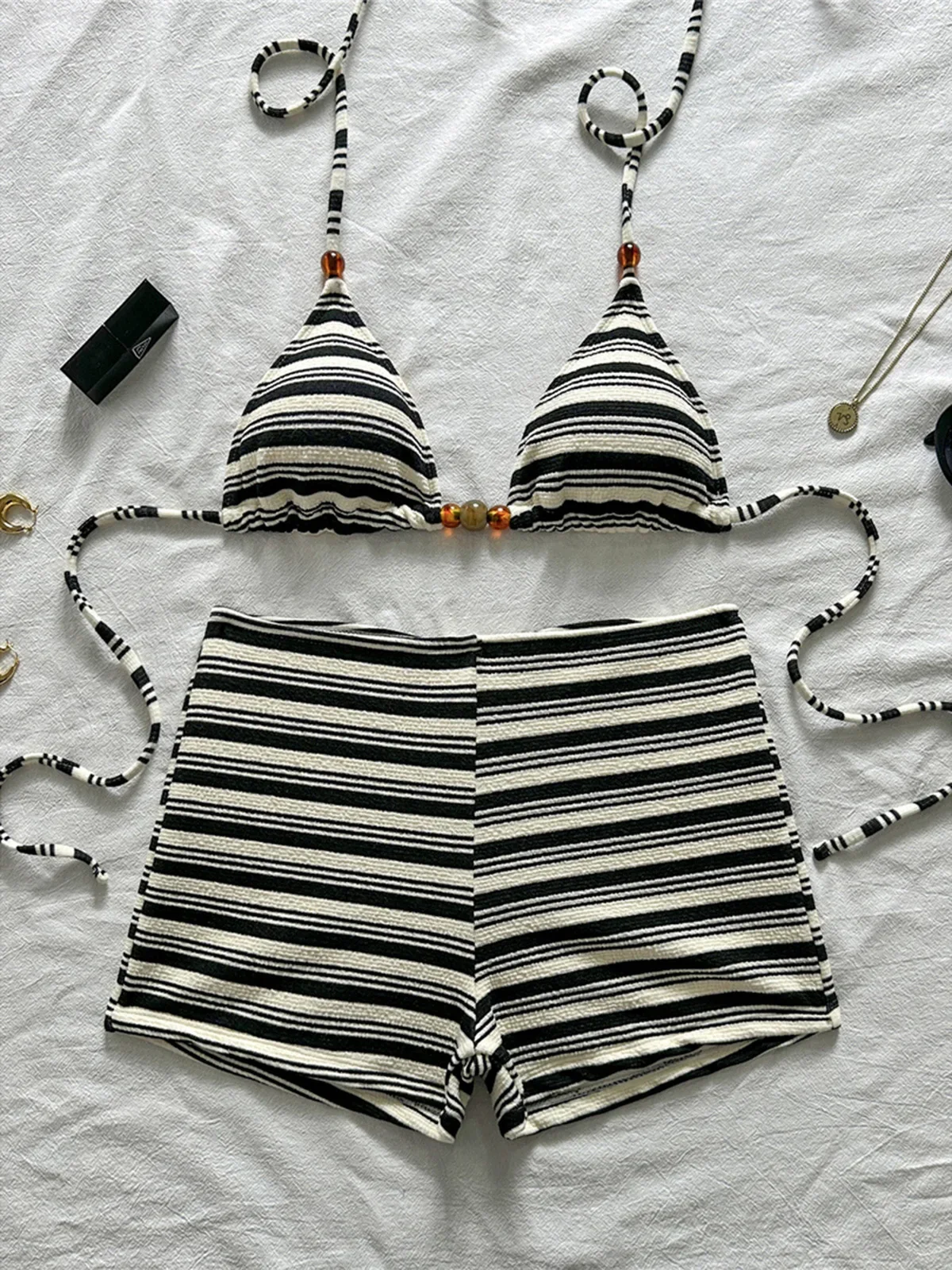2026 Striped Halter Shorts Female Swimsuit High Waist Bikini Women Swimwear Two-pieces Bikini set Bather Bathing Suit Swim M119