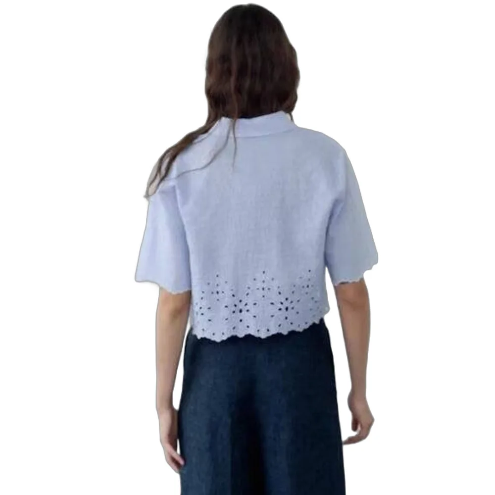 Women\'s Hollowed-Out Embroidery Shirt with Single Breasted Buttons Versatile Short Sleeved Top for Commuting Style New