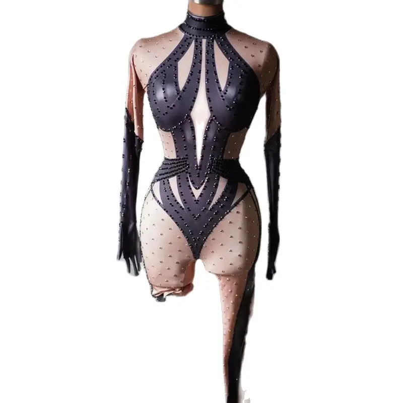 Drag Queen Outfit Sexy Gogo Dancer Costume Women Fake Nude Full Rhinestones Jumpsuit Bar Nightclub Ds Dj Rave Clothes XS8473