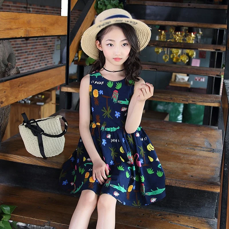 Summer Girls Fashion Vest Dress Korean Style Children Cotton Sleeveless Cherry Print Kids Dress for Girls Clothing 3T-7T