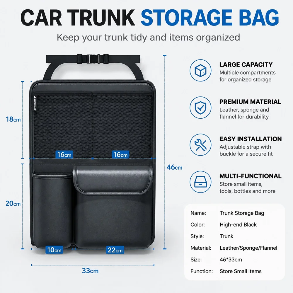 1Pc Kcimo Hanging PU Leather Car Trunk Organizer Foldable Multi-Compartment Storage Bag Rear Seat Cargo Storage Box Auto Gadget