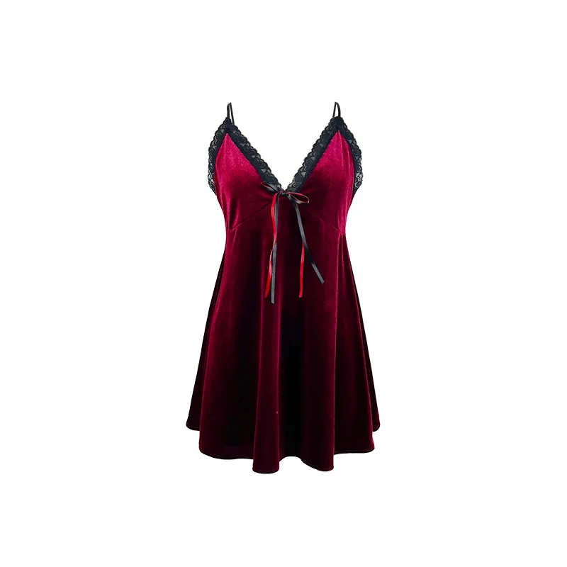 Sexy Velvet Lace Patchwork Nightgown With V-neck Bow Open Back Pearl Decoration Multi-color Silky Skin-friendly Short Dress JMW8