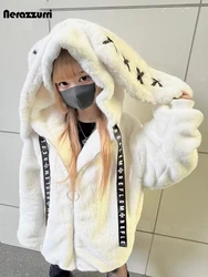 Nerazzurri Winter Sweet Cute Kawaii Soft Thick Warm White Faux Fur Coat Women with Bunny Ears Cute Fluffy Jacket Hoodie 2024