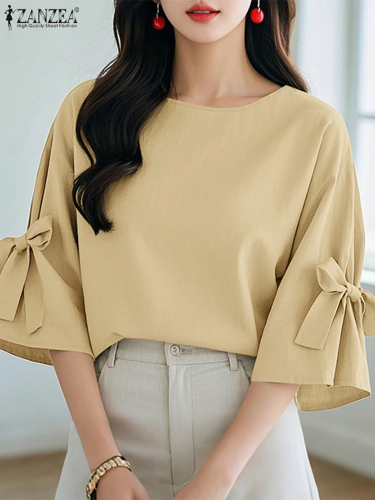 Blusa de verano a la moda 2025 ZANZEA, Tops OL de trabajo sólidos para mujer, camisa elegante con cuello redondo y manga 3/4 con lazo, Blusas holgadas informales para mujer