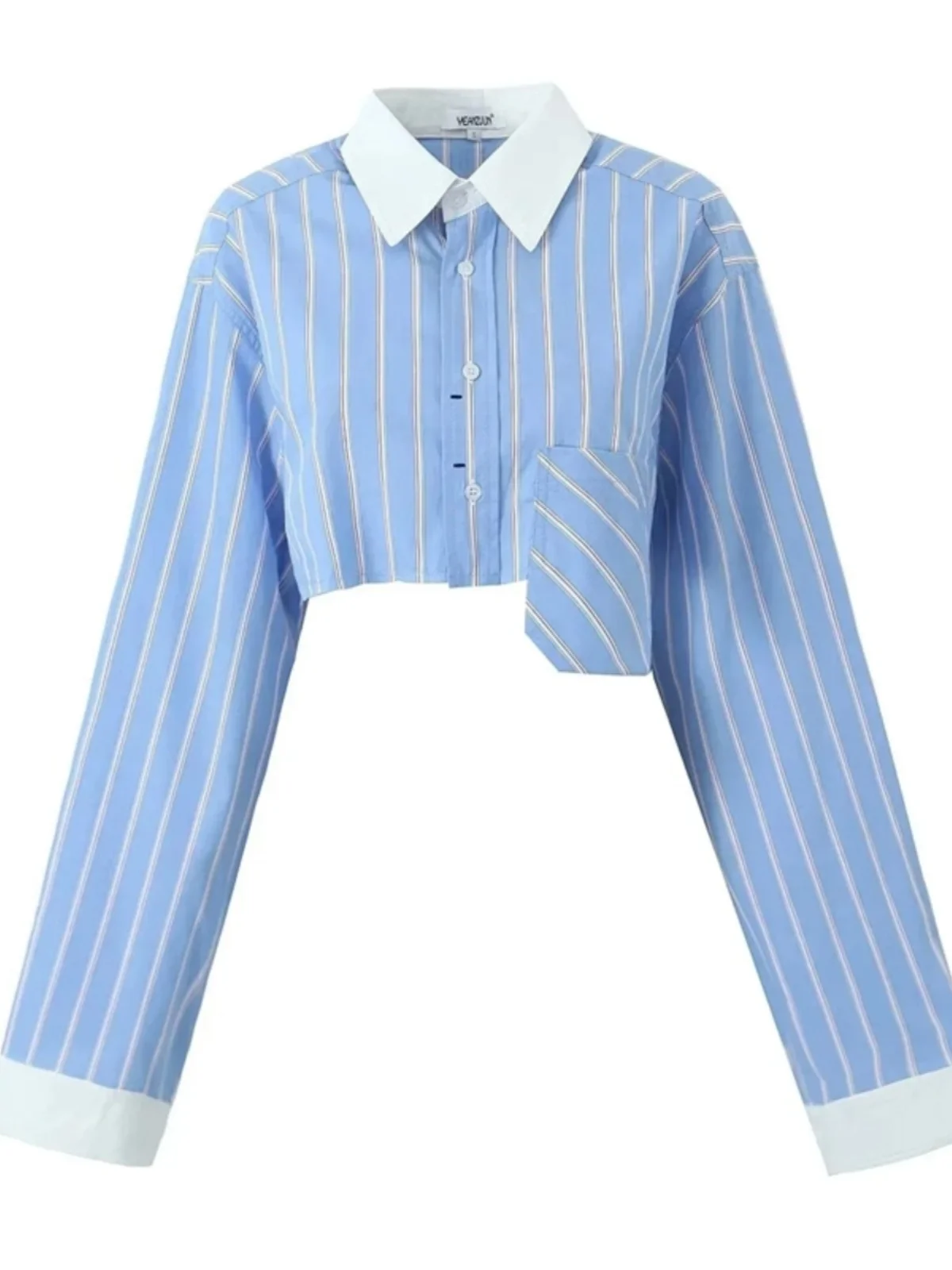 

American Retro Crop Top Ne Striped irt Ultra ort Irregular Design Faion Casual Cotton Long Sve Commute Sle