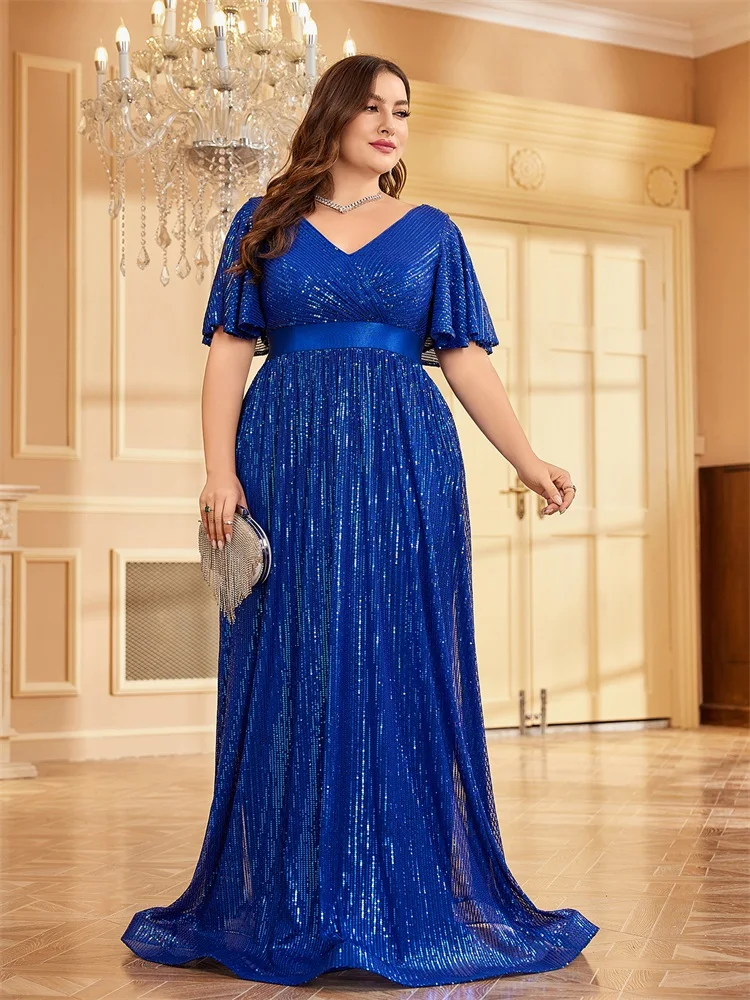 Lucyinlove Plus Size Luxury V-Neck Short Sleeves Formal Evening Dress Women Sequins Wedding Party Prom Maxi Cocktail Dress Gown