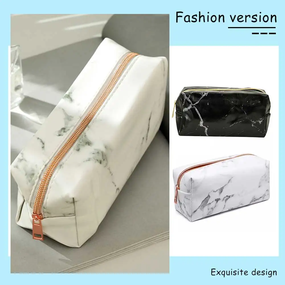 PU Leather Office School Students Pen Box Large Capacity Marble Portable Makeup Storage Bag with Zipper for Women Girls