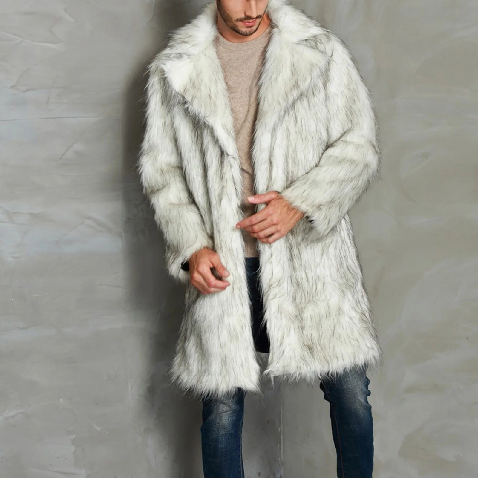 

Men's Faux Fur Long Coat Winter Warm Lapel Single Breasted Oversized Jacket Vintage Temperament Streetwear Cardigan Overcoat