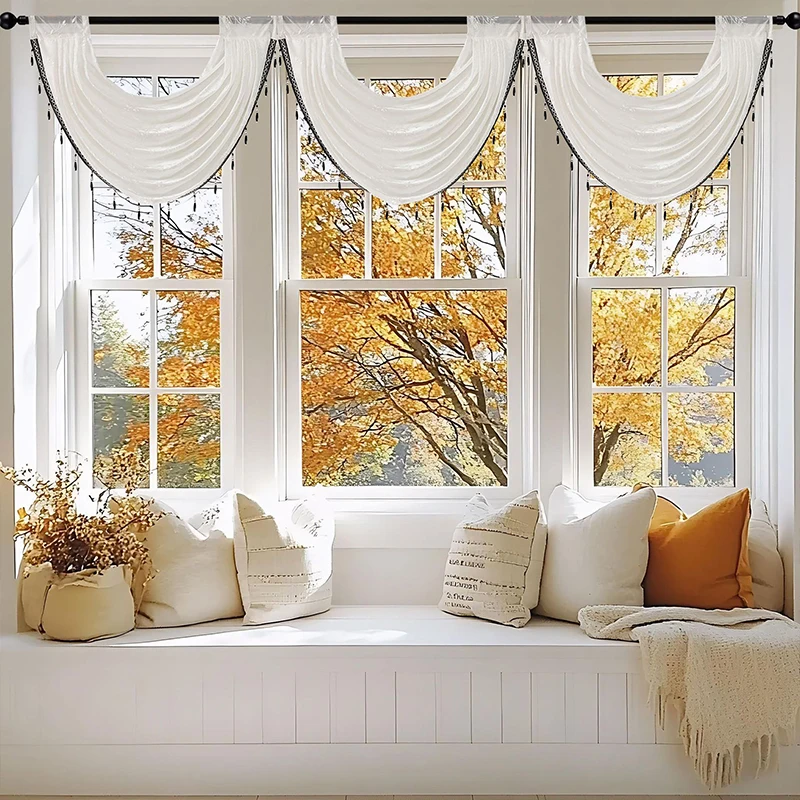 1pc Jacquard Valance Rod-Tie Knit Sheer Curtain Wave Drapery American-Style Valance 140x60cm