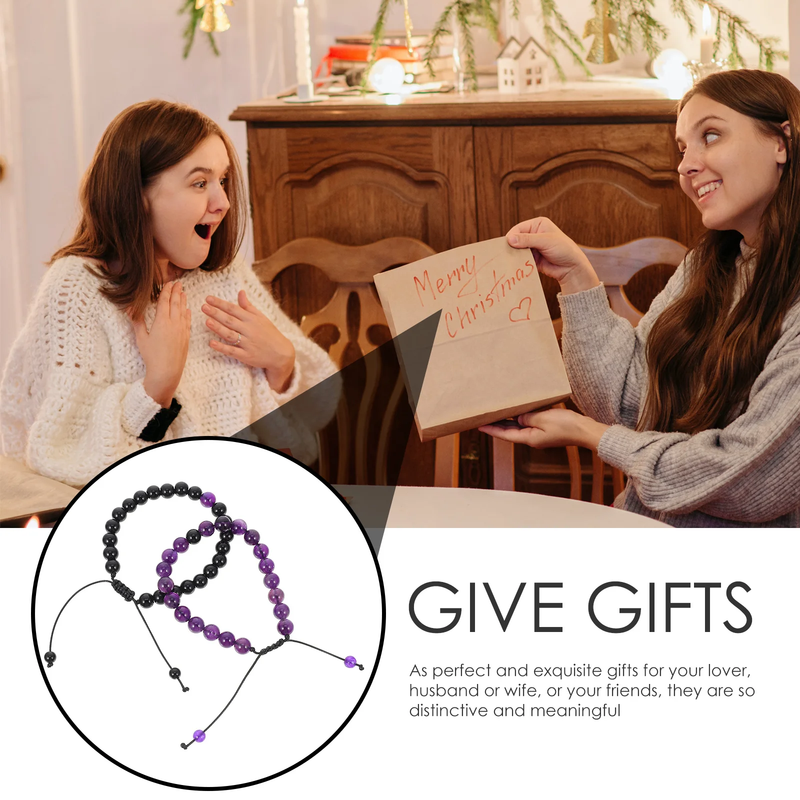 

2Pcs Couples Stone Bracelets Delicate Beaded Matching Accessories Wear-Resistant Portable Couple Accessory Festival Gift