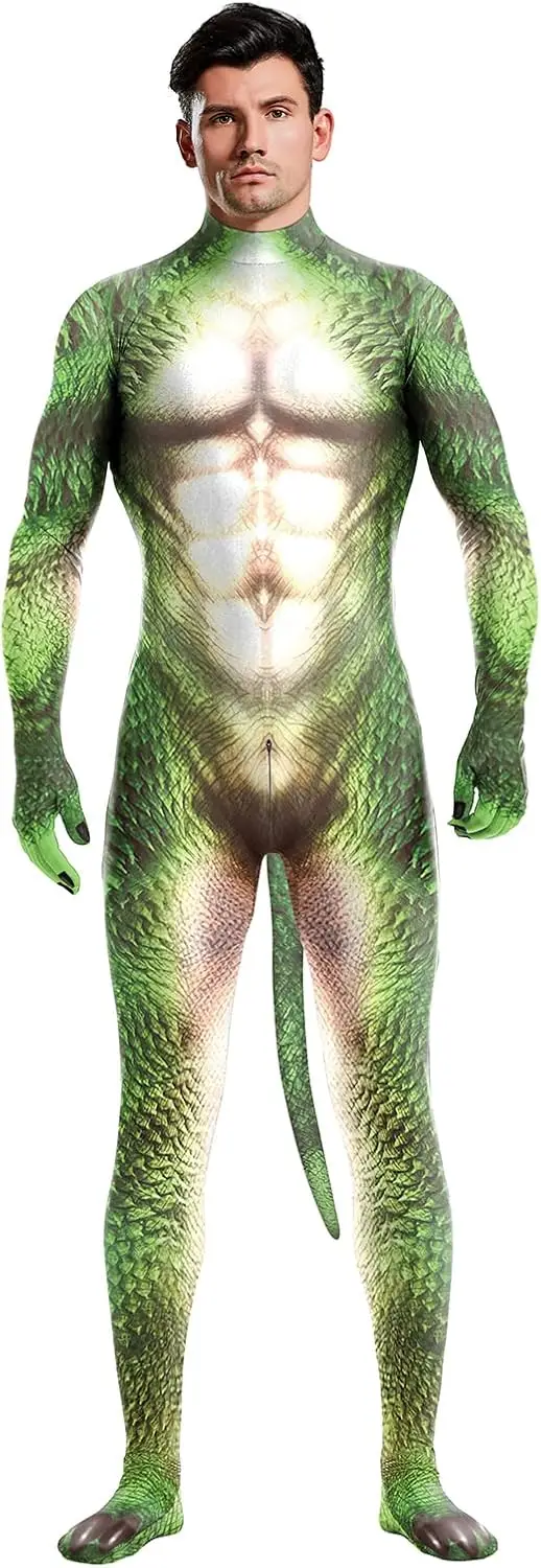 

Men's Animal Bodysuit Costume with Big Tail Print, Spandex Furry Jumpsuit for Halloween Party Cosplay