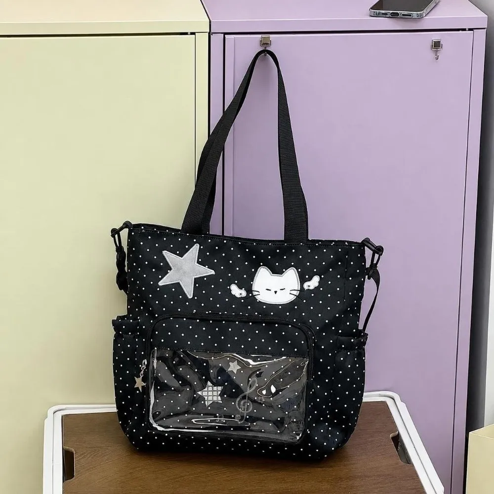 Kawaii Star Cat Embroidery Travel Backpack Nylon Polka Dot School Bag Large Capacity Ita Bag for Students