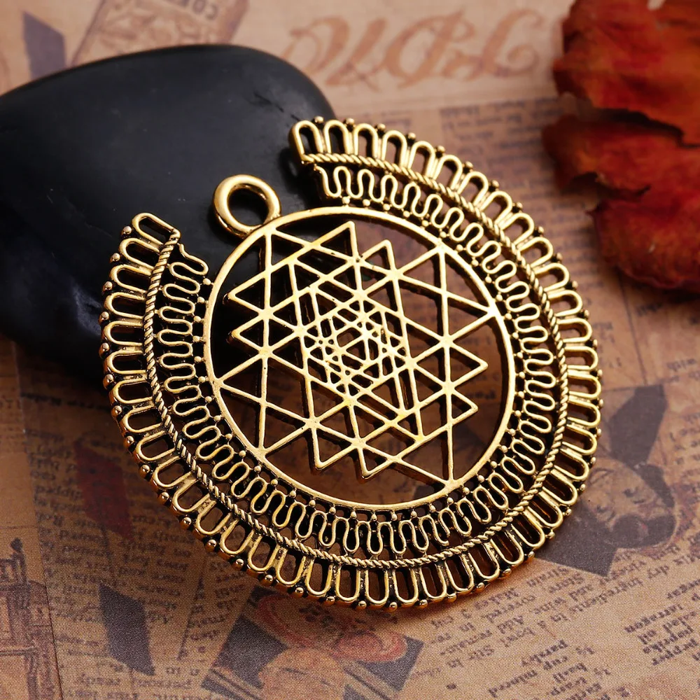 2pcs Vintage Sri Yantra Meditation Pendants Round Antique Gold Color Hollow Charms DIY Making Necklace Jewelry Findings 49x47mm