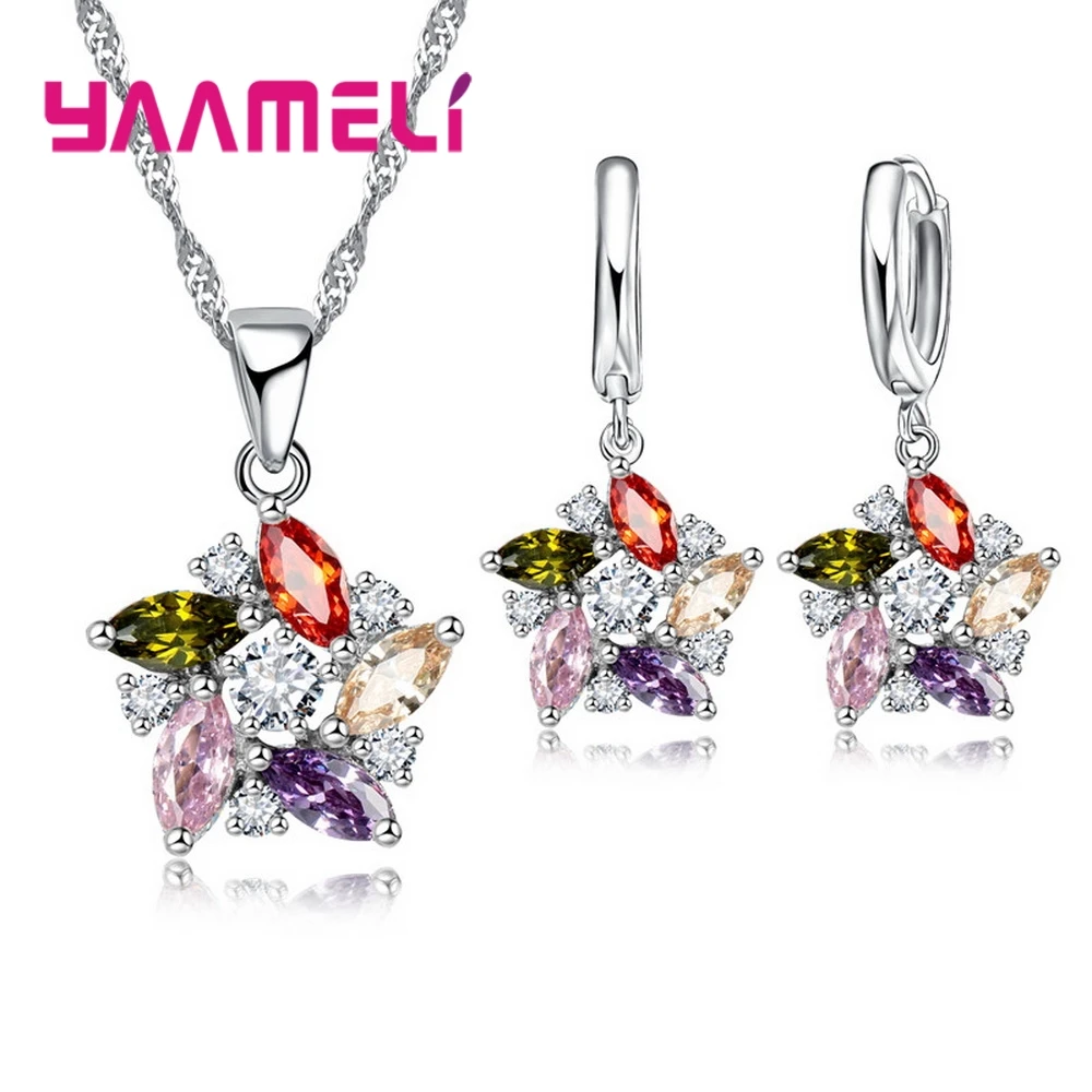 925 Sterling Silver Color Wisiorek Naszyjnik Kolczyki Romantyczny styl etniczny Kształt wiatraka Kolorowy / biały kryształowy kamień dla dziewczynki