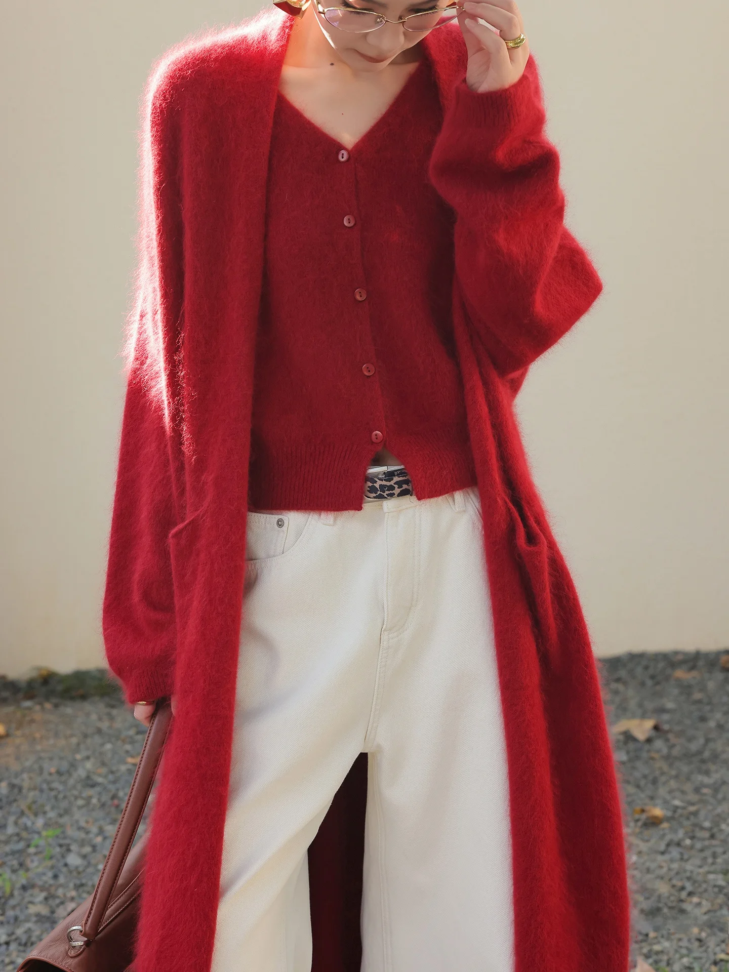 

Длинный вязаный свитер и жилет JWUNIQUE, комплект из двух предметов, красный цвет, женский модный зимний наряд, материал: кроличья шерсть, нейлон