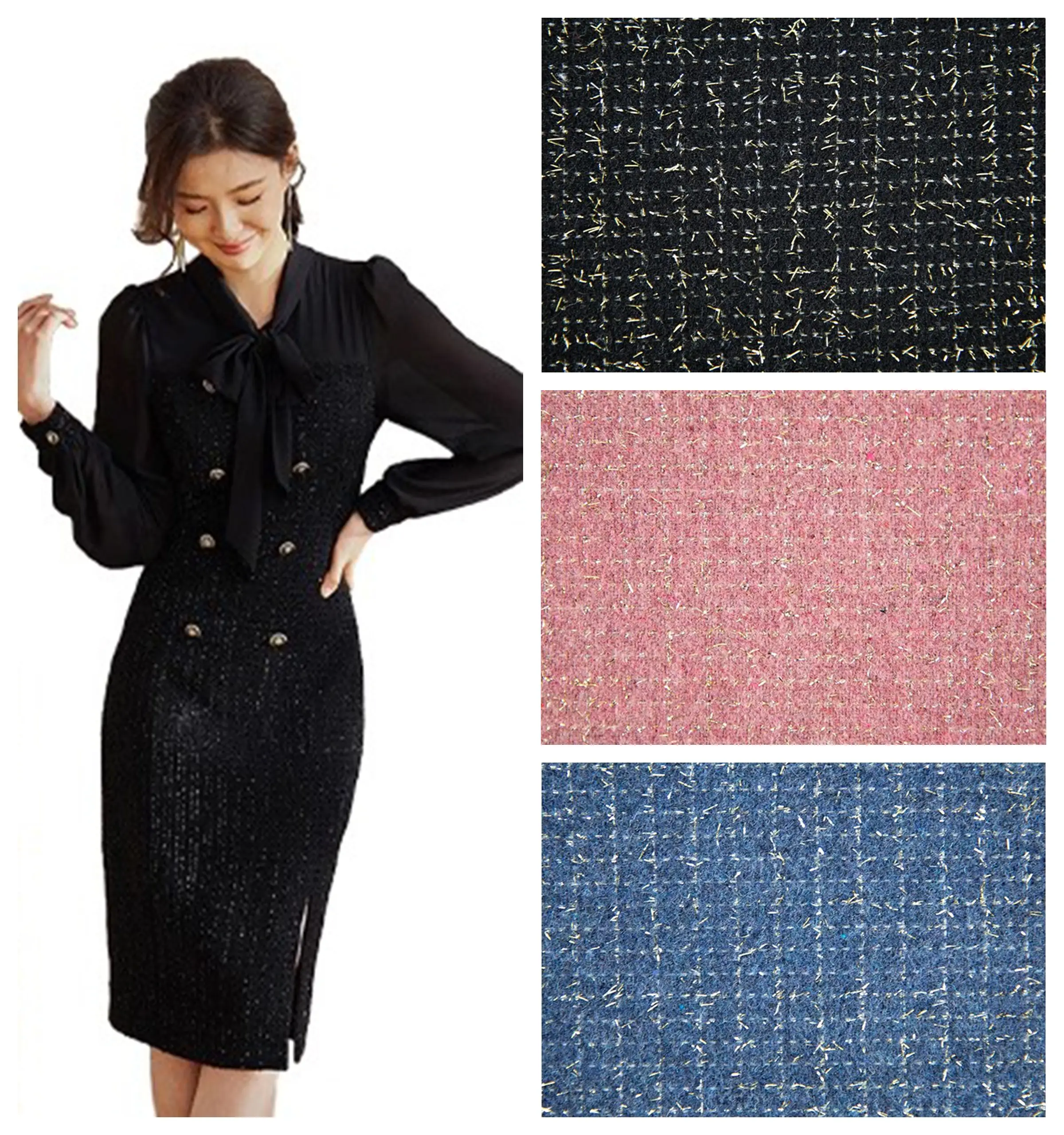 

Glitter Braided Tweed Fabric By The Meter for Clothing Coats Shirts Dresses Bags Jackets Vests DIY Sewing Plain Cloth Black