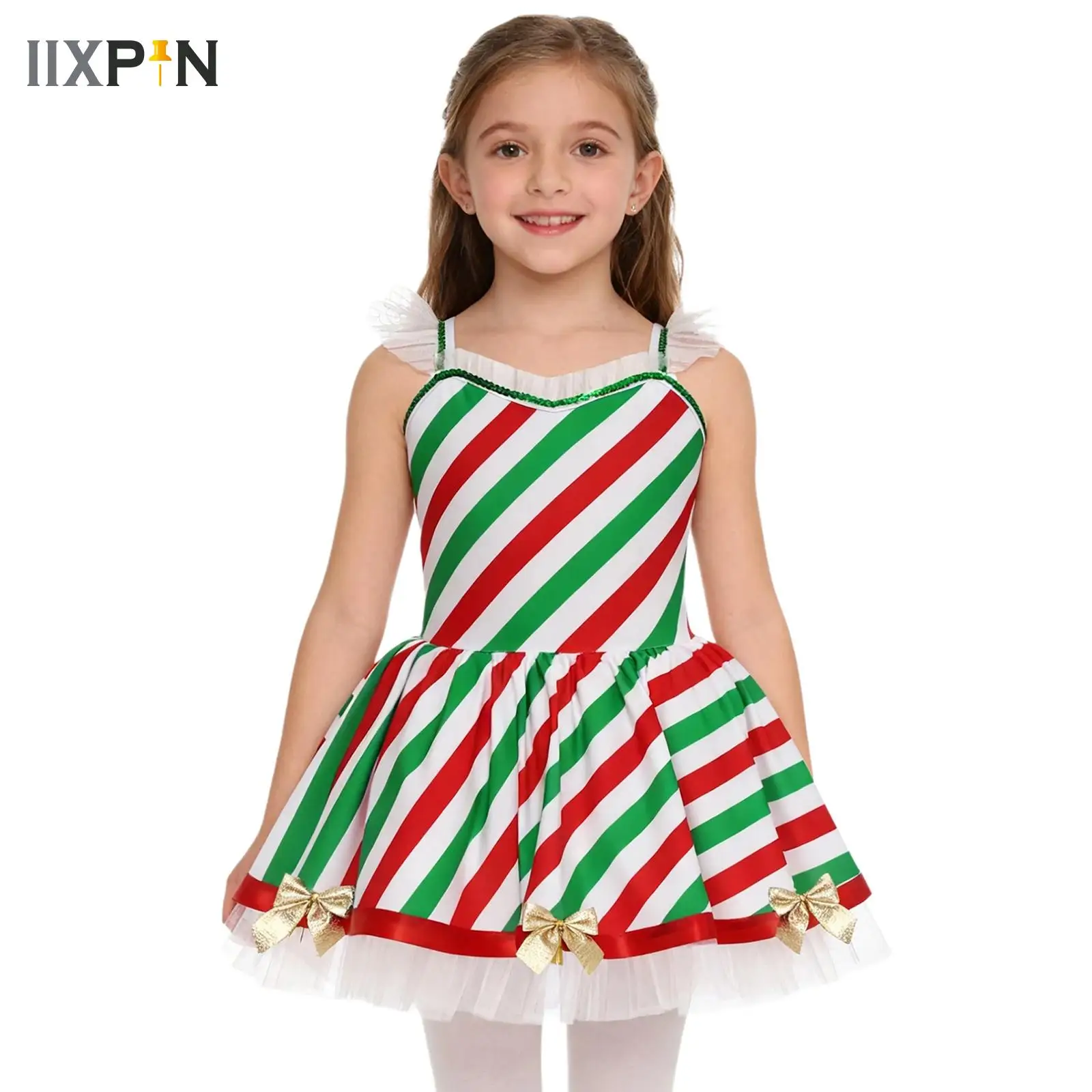 

Girls Christmas Candy Cane Dress Party Miss Santa Cosplay Elf Costume Ruffled Mesh Trim Striped Leotard Tutu Ballet Dance Dress