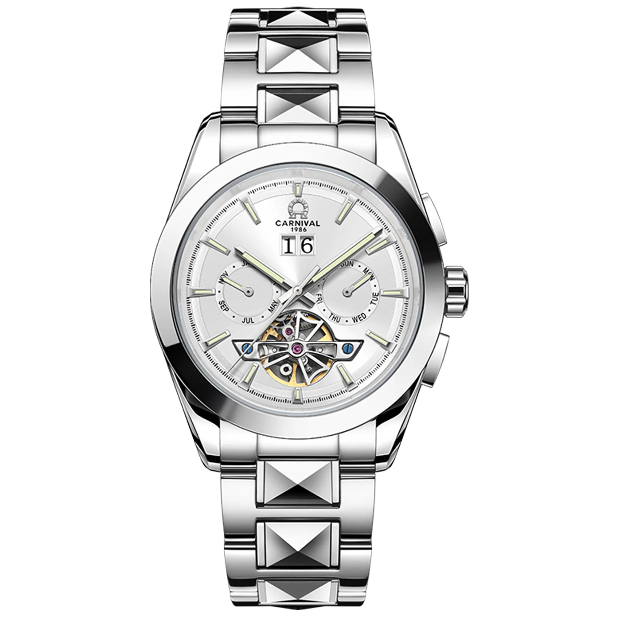 Automatic Mechanical Men Watchs,Day-Date-Month Skeleton 5 Hands Mechanical Classic Luxury Multi Calendar Stainless Steel Waterpr