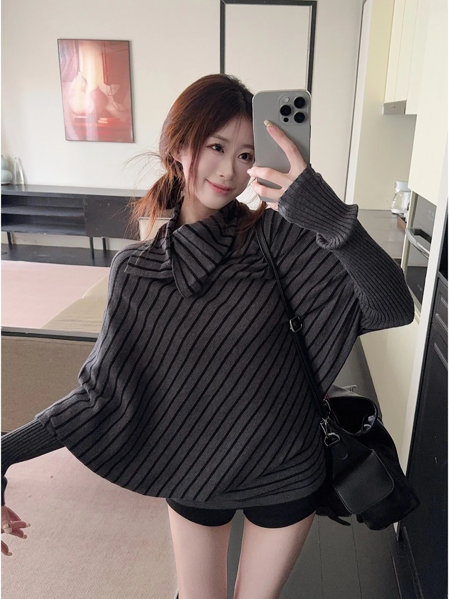 

Корейский женский вязаный свитер в полоску с высоким воротником в стиле «летучая мышь» в стиле ретро, длинный топ свека, модная одежда для поездок на работу