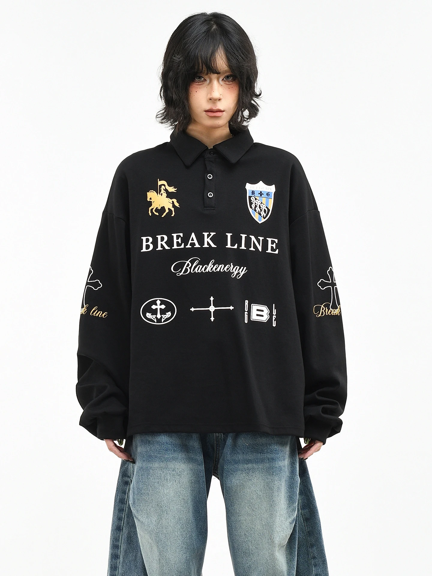 

OV Original American Trendy Brand Bae Print Long Sve irt Women Spring Loose Racing Sle Collar ort T-irt