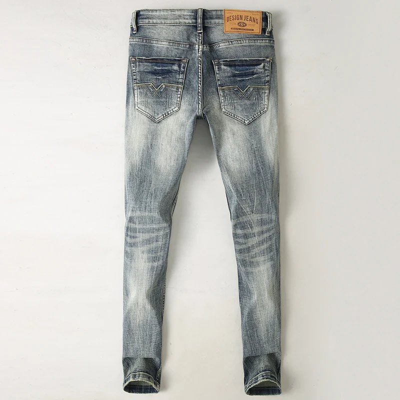Italian Designer Men Jeans High Quality Retro Gray Blue Elastic Stretch Slim Fit Ripped Jeans Men Embroidery Vintage Denim Pants