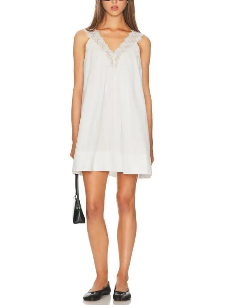 

Women's Summer Fashion V neck Sleeveless Lace Splicing Pleated Mini Dress Slim A line Loose Fit Female Sexy Dress