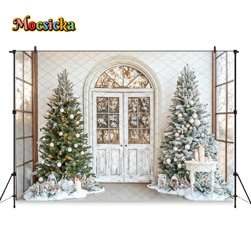 Mocsicka Chritsmas Window Backdrop Photography Winter Castle Xmas Tree White Vintage Room Background Kids Family Photo Studio