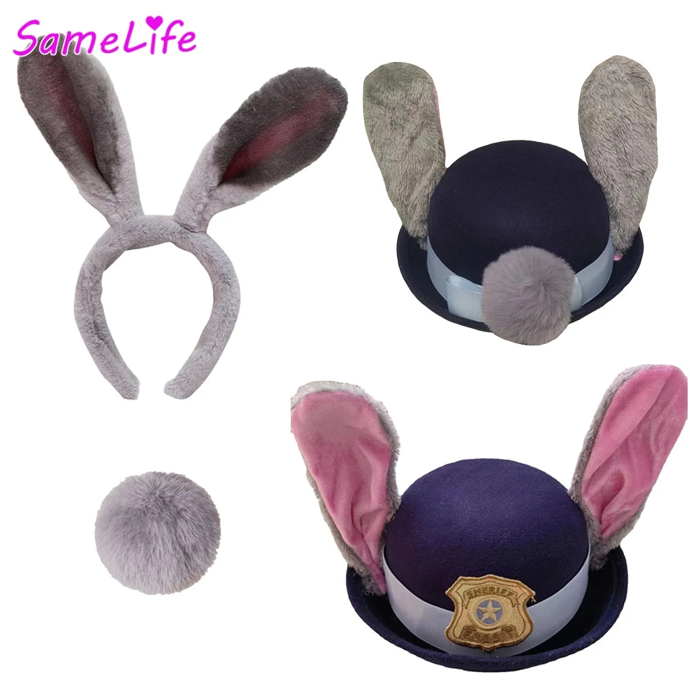 

Judy Hopps Hat Women Cosplay Fantasy Rabbit Tail Ear Headband Cartoon Zoo Costume Disguise Accessories Halloween Women Prop