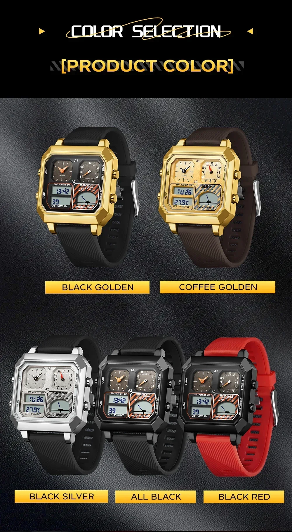 SANDA جديد SD6210 ساعة رجالية عصرية مقياس درجة الحرارة الذكي مقياس درجة الحرارة ساعة إلكترونية