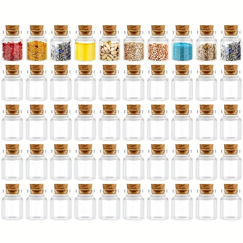 

Мини-стеклянная бутылка с пробкой, 50 бутылок + 50 крышек, маленькая пробковая стеклянная банка для свадебного украшения, контейнер для хранения ручной работы