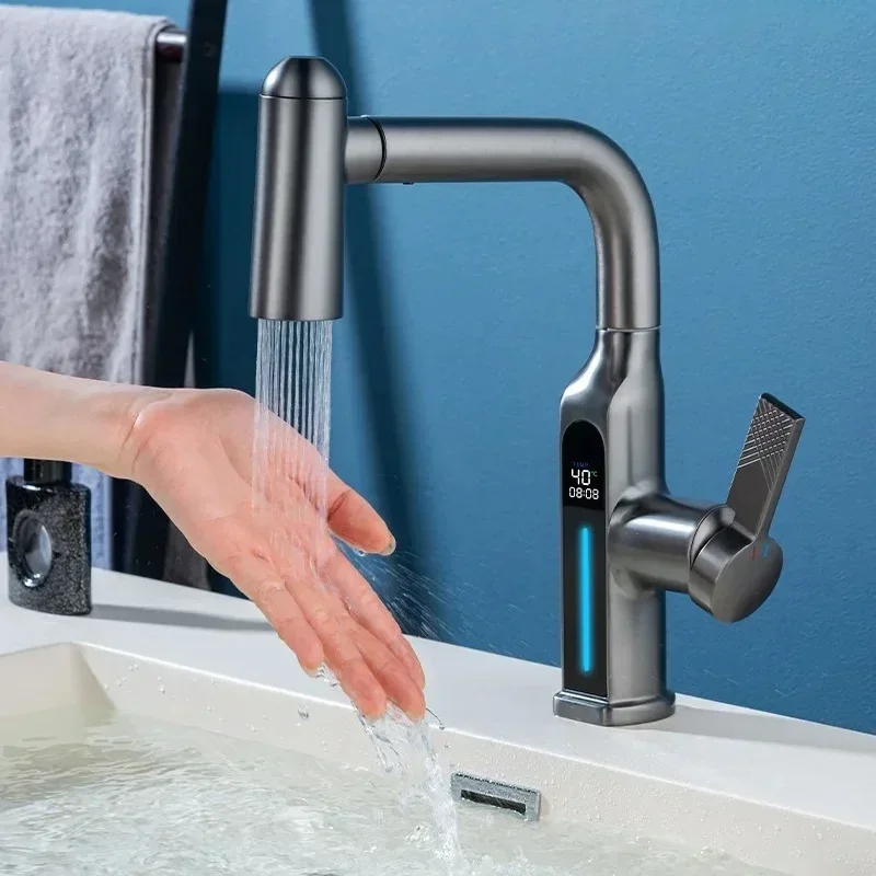 Bathroom basin faucet, LED digital display hydroelectric power pull-out faucet, modern wash basin hot and cold faucet