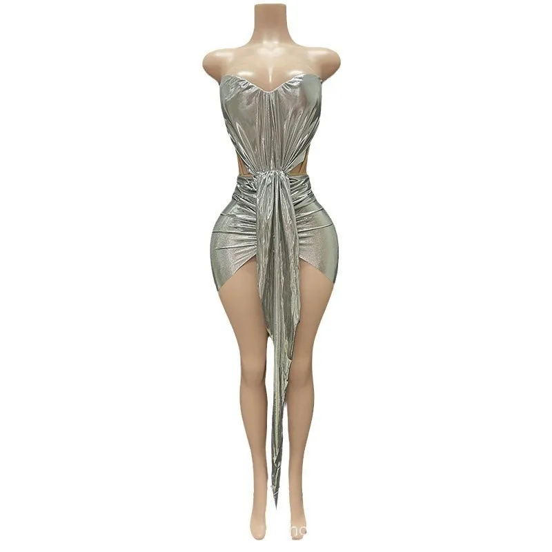 New Model Glamorous Halter Birthday Party Stage Dress Women's Tube Top Hip Straps Solid Color Glossy Evening Gown Spring Summer