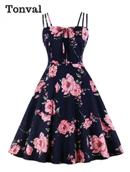 Tonval Bow Front A Line Vintage Elegant Floral Party Cami Dress Women Summer Spaghetti Strap Shirred Back Retro Dresses