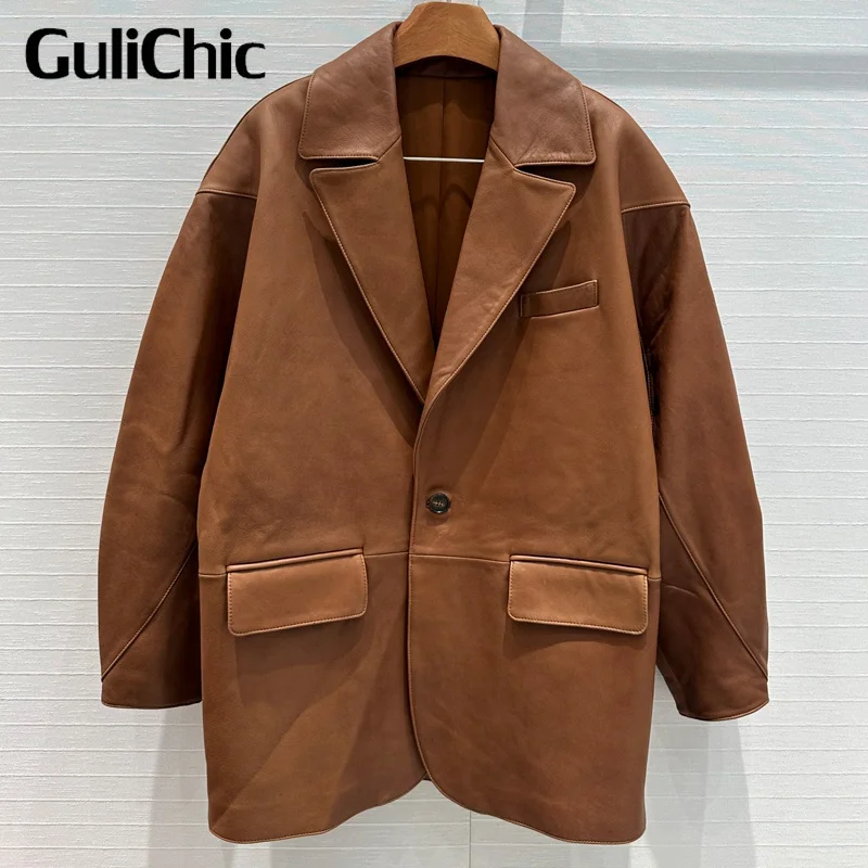 7.20 GuliChic Vintage Genuinr Leather Blazer For Women Turn-Down Collar Single Button Loose Temperament Jacket Coat