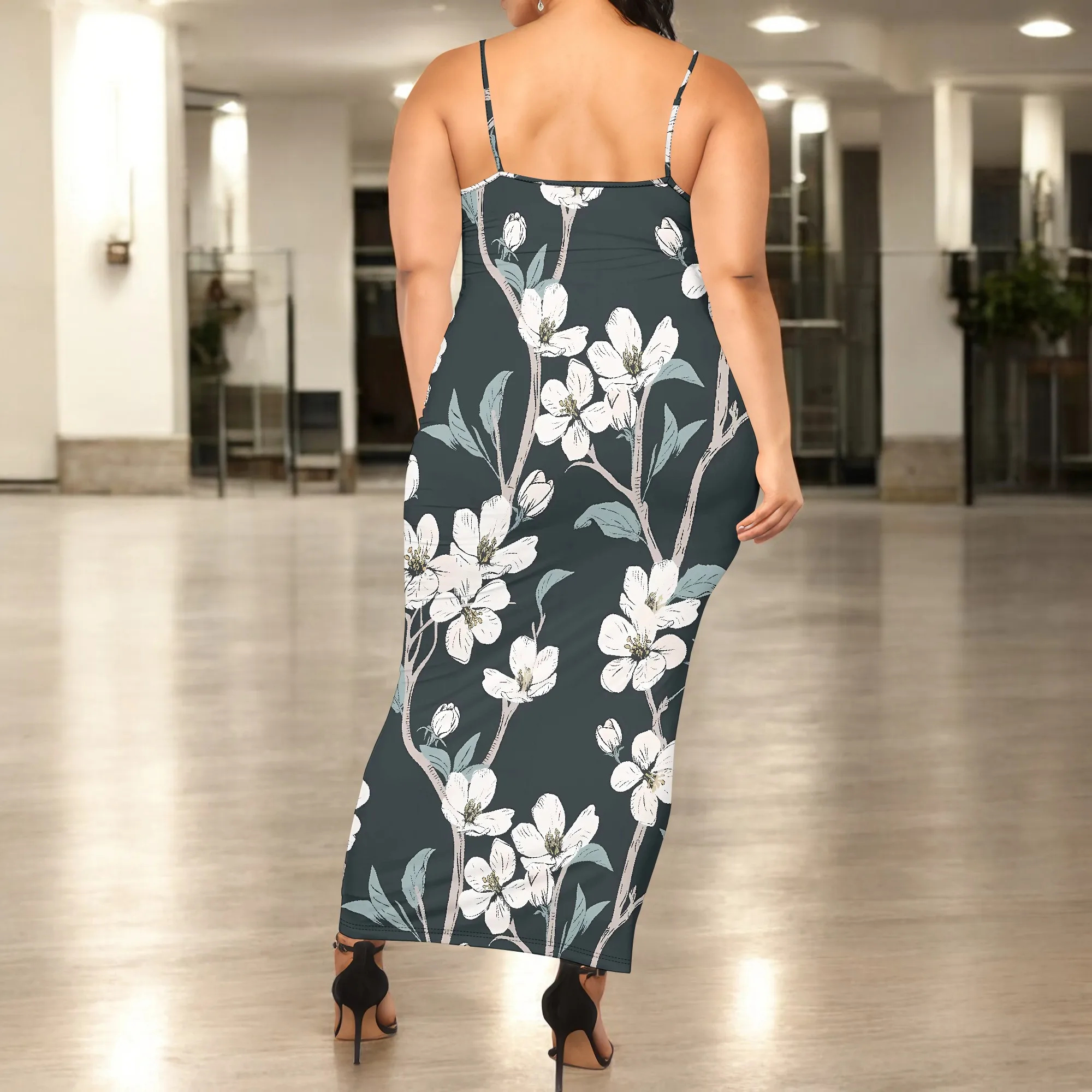 ชุดเดรสแม็กซี่เดรสขนาดบวกพร้อมเดรสลําลองแขนกุดพิมพ์ลายดอกไม้สีขาวฤดูร้อน