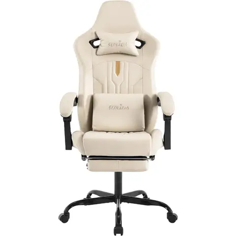 Ergonomiczne krzesło gamingowe z regulowanym mechanizmem obrotowo-odchylowym, podparciem lędźwiowym i podnóżkiem dla wygodnego doznania odgrywania gier wideo.