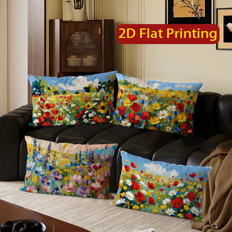 Rechteckiger Kissenbezug mit Vintage-Blumenfeldmuster, geeignet für Sofa, Schlafzimmer, Auto, Kissenbezug, rechteckiges Rückenkissen