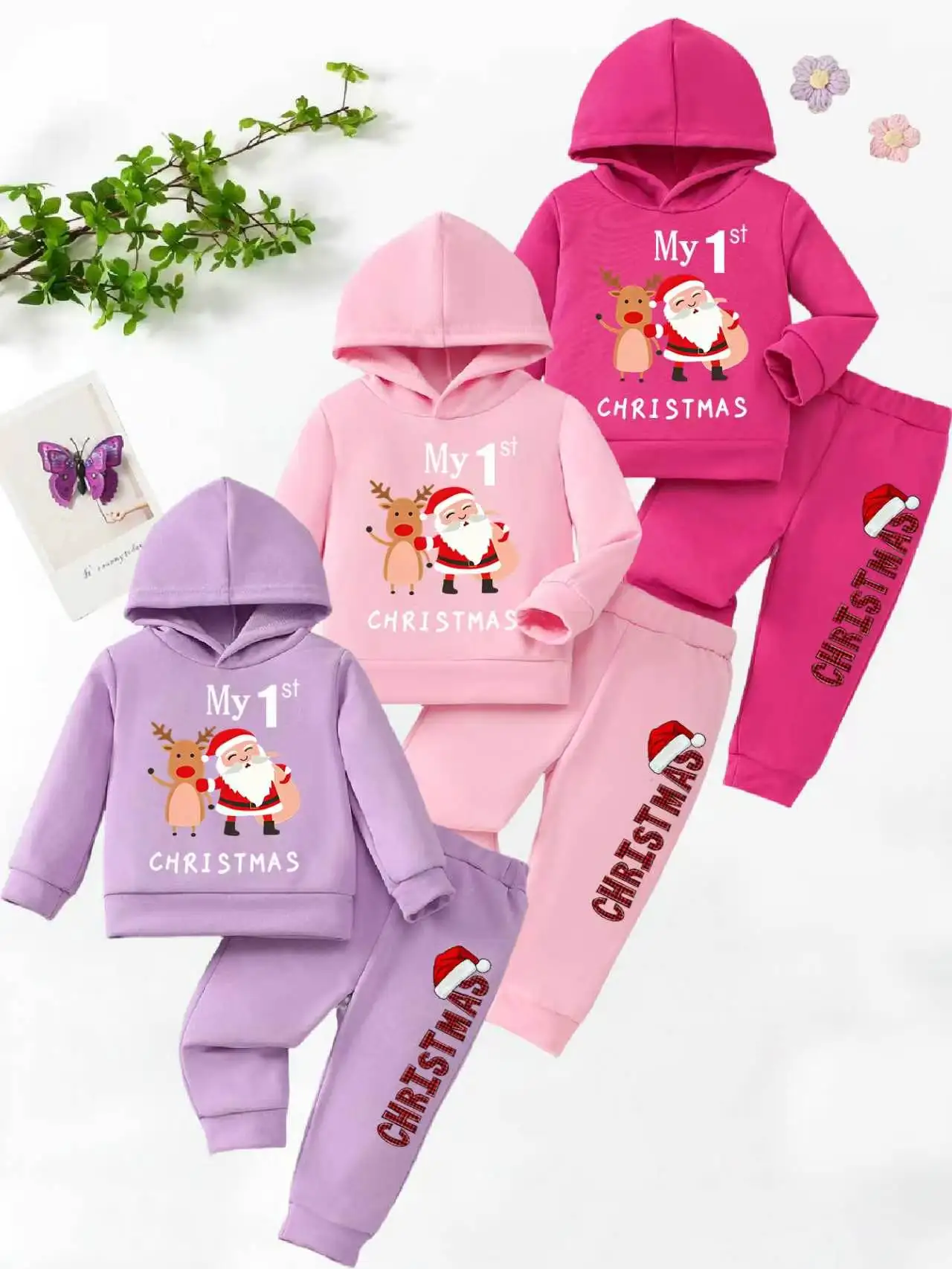 6Pcs Fall Winter Toddler Girl Christmas Print Outfit,Cartoon Santa Reindeer Hooded Sweatshirt & Jogger Pants,Festive Cute Tracks