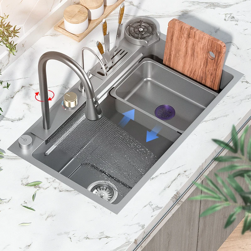 

Kitchen Sink with Waterfall Faucet Stainless Steel Large Single Slot Gun Grey Left Drain Wash Basin with Knife Box Above Counter