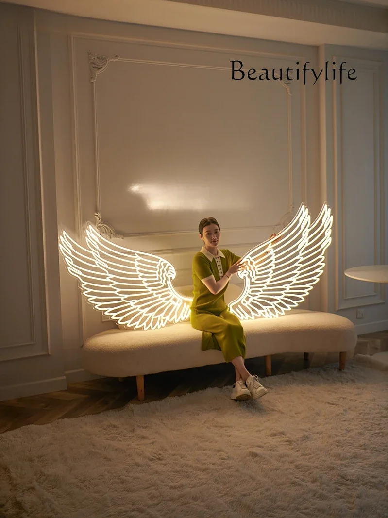 Neon luminous characters store clock in decorative wall bar background wall angel wings modeling light sign