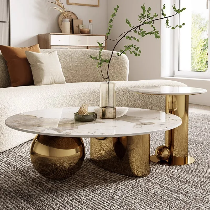 Modern Luxury Marble Round Gold Small Coffee Table Set Stainless Extendable Elegant Design Home Living Room Centre Furniture