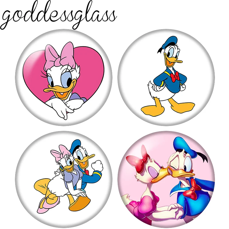 Donald Daisy Duck Couple Cartoon, rund, 10 Stück, 12 mm/18 mm/20 mm, Foto-Glascabochon mit flacher Rückseite, zur Herstellung von Schlüsselanhänger-Schmuck