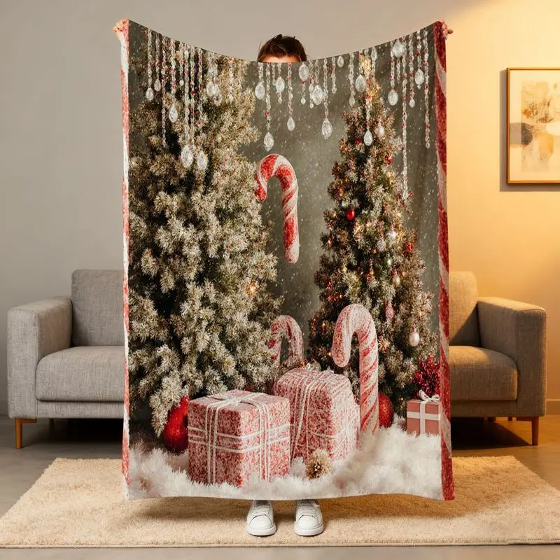 

1pc Snowy Tree Christmas Plush Blanket - Red Ornaments/Gift Boxes/Candy Canes, Living Room Decor